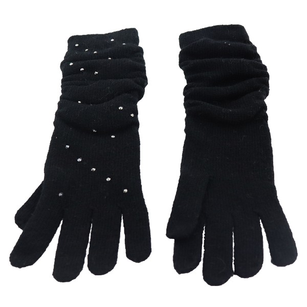 Women's Long Gloves In Black Color With Rhinestones