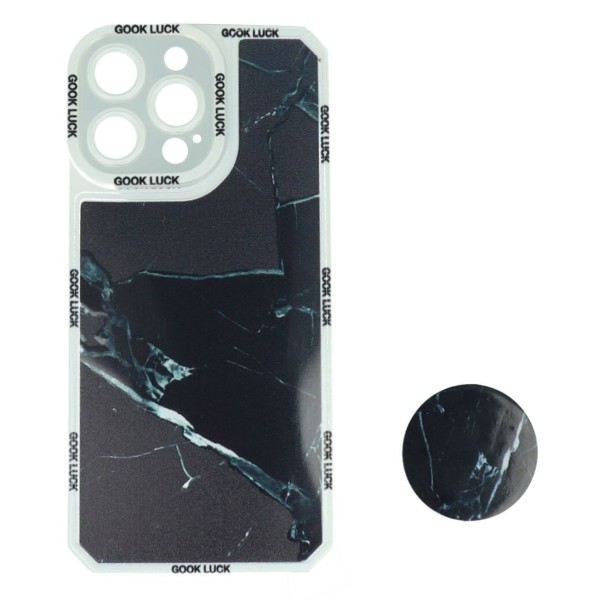 Back Cover Θήκη Σιλικόνης Με Σχέδιο Μάρμαρο Μαύρο Και Pop Socket (Iphone 14 Pro Max)