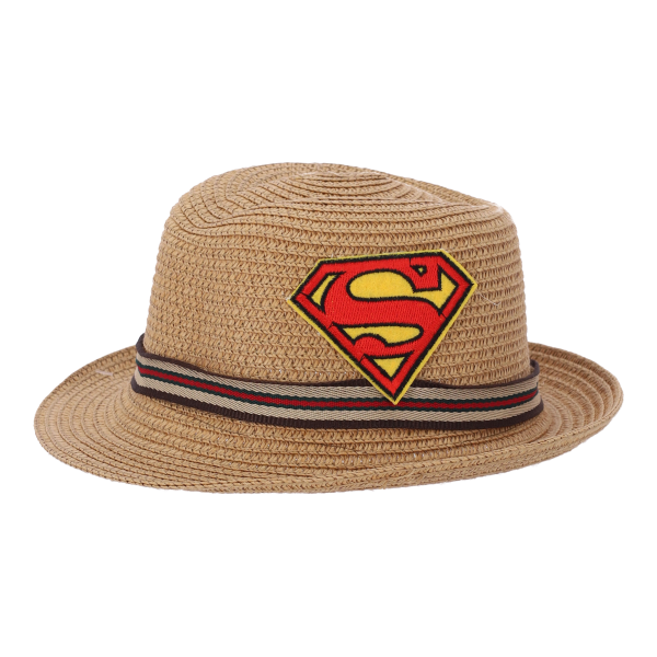 Παιδικό καπέλο ψάθινο εκρού, με κορδέλα και το σήμα του SUPERMAN