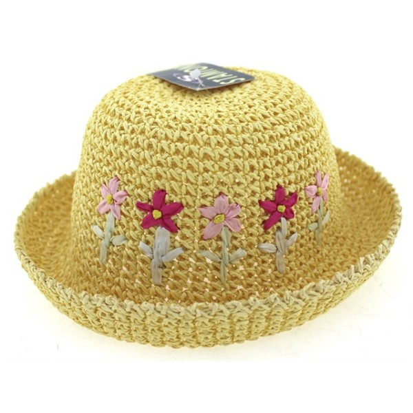 Παιδικό καπέλο ψάθινο πλεκτό κίτρινο με λουλούδια