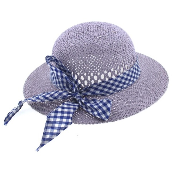 Παιδικό καπέλο ψάθινο πλεκτό μωβ με καρό κορδέλα άσπρο/μπλε