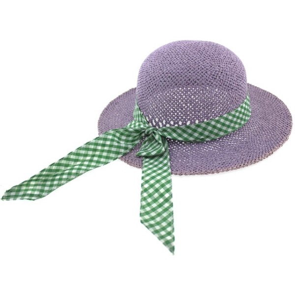 Παιδικό καπέλο ψάθινο πλεκτό μωβ με καρό κορδέλα άσπρο/πράσινο