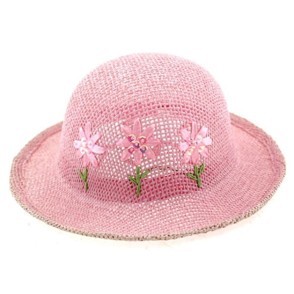 Παιδικό καπέλο ψάθινο πλεκτό ροζ με λουλούδια
