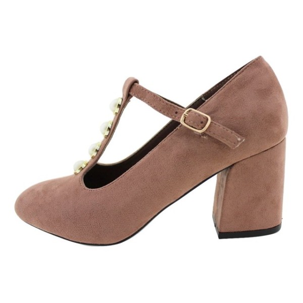 Beautifulshop Suede Γόβες Με Λουράκι & Χοντρό Μεσαίο Τακούνι Σε Ροζ Χρώμα
