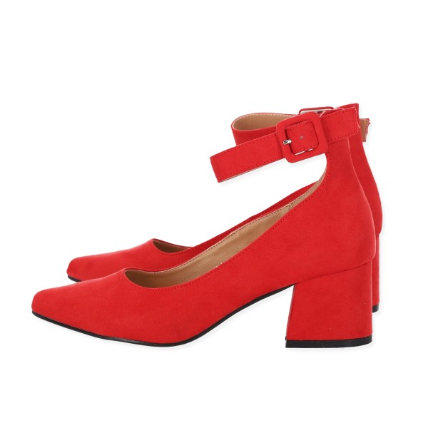 Tulipano Suede Heels With Strap & Chunky Low Heel In Red