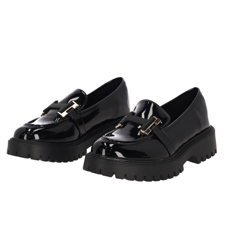 Γυναικεία Loafers Λουστρίνι με Χρυσή Λεπτομέρια σε Μαύρο Χρώμα Γυναικεία Loafers Λουστρίνι με Χρυσή Λεπτομέρια σε Μαύρο Χρώμα