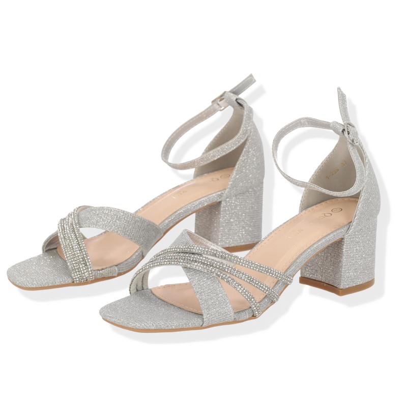 Queen VIVI Γυναικεία Πέδιλα Στρας με Χοντρό Μεσαίο Τακούνι