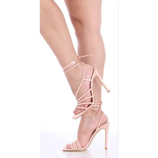 Γυναικεία Πέδιλα Σατέν  Δετά με Λεπτό Τακούνι σε Ροζ Χρώμα