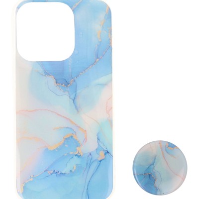 Back Cover Θήκη Με Σχέδιο Μάρμαρο Γαλάζιο Και Popsocket (Iphone 15 Pro)
