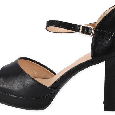 PLATO Γυναικείο Πέδιλο Peep Toe  με Ψηλό Χοντρό Τακούνι