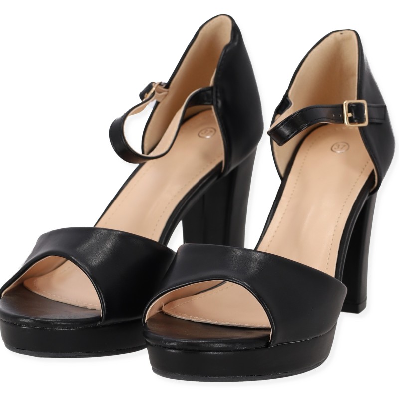PLATO Γυναικείο Πέδιλο Peep Toe  με Ψηλό Χοντρό Τακούνι
