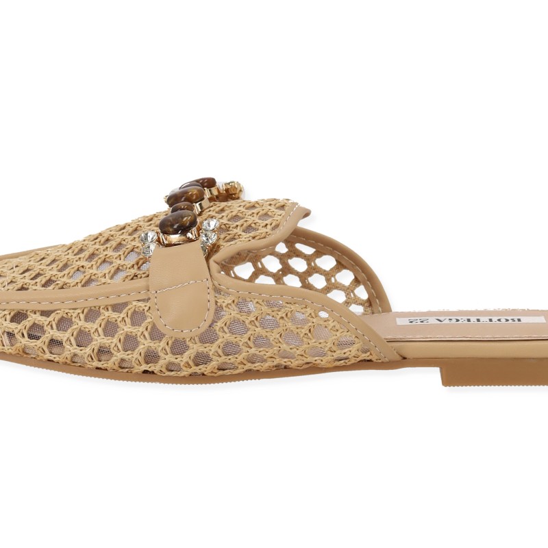 BOTTEGA Γυναικεία Mules Flat με Ψάθα & Διακοσμητική Τόκα