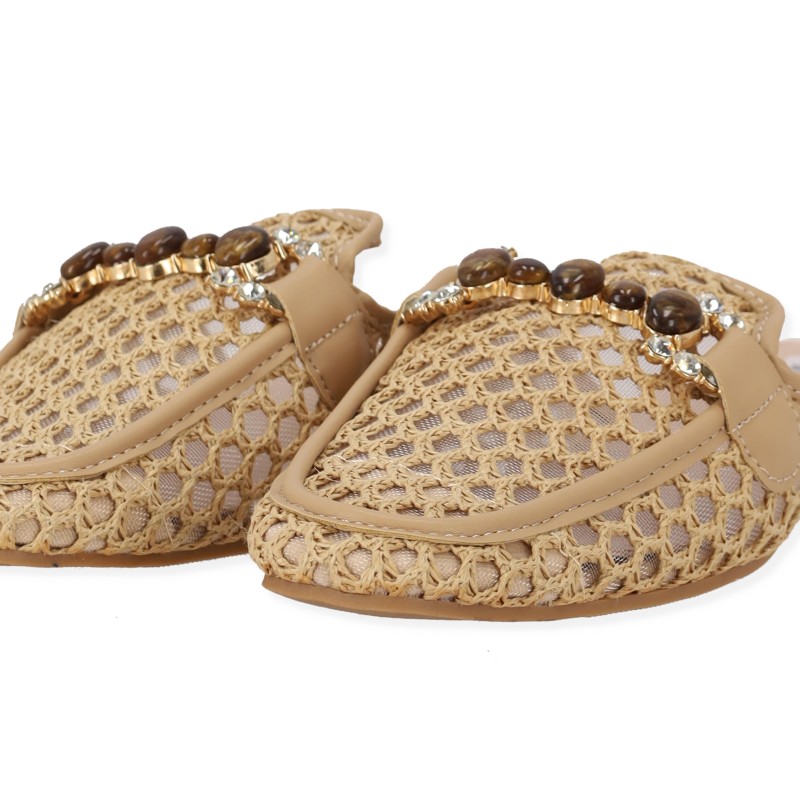 BOTTEGA Γυναικεία Mules Flat με Ψάθα & Διακοσμητική Τόκα
