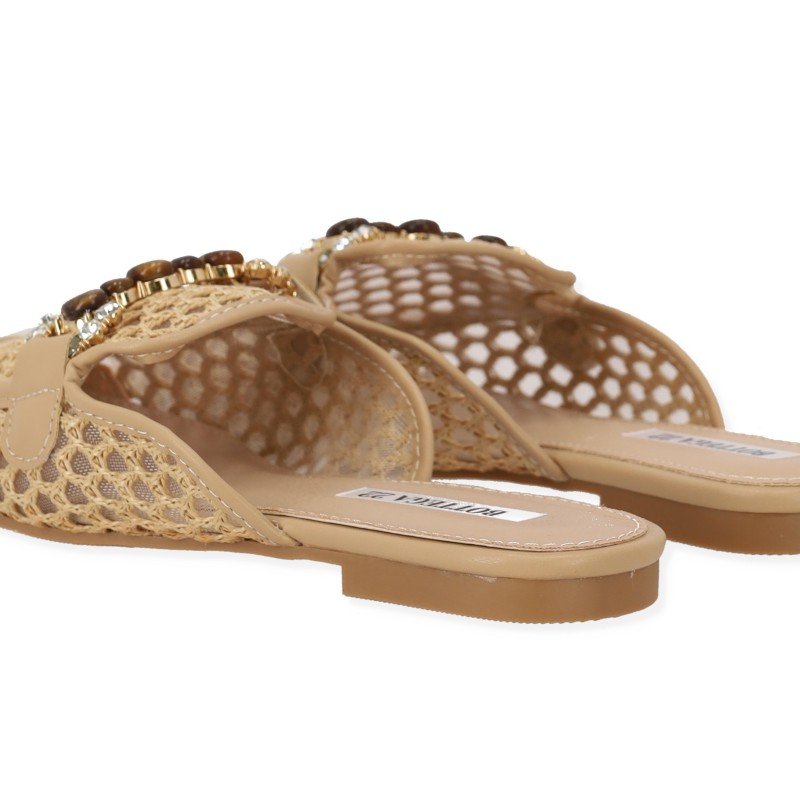 BOTTEGA Γυναικεία Mules Flat με Ψάθα & Διακοσμητική Τόκα