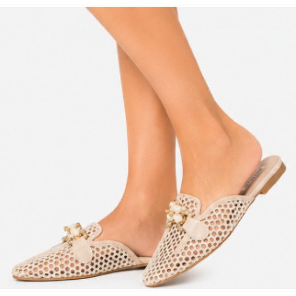 BOTTEGA Γυναικεία Mules Flat με Ψάθα & Διακοσμητική Τόκα