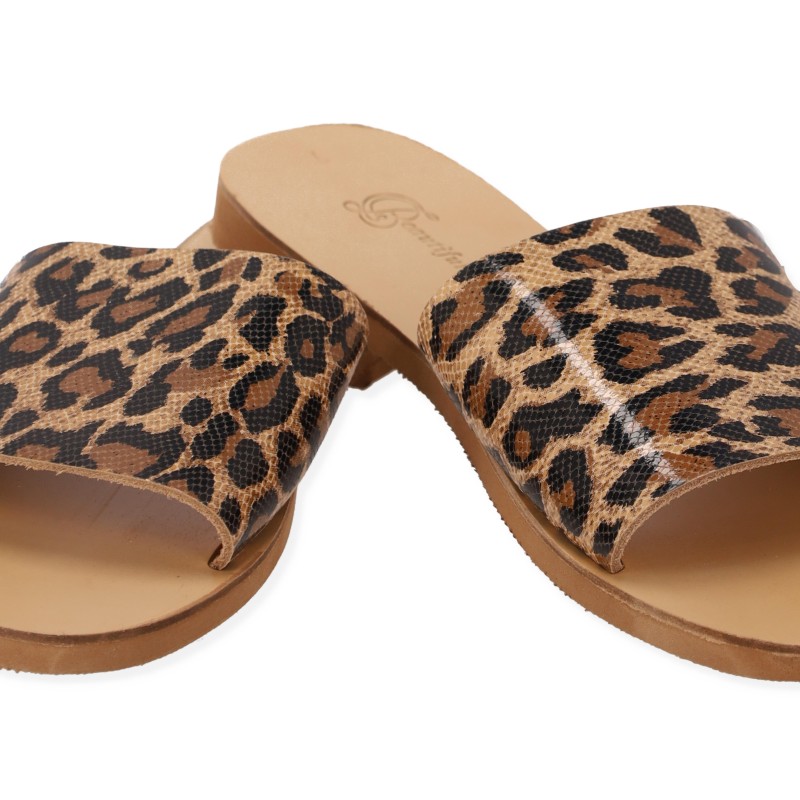 Beautifulshop Γυναικείες Παντόφλες από Γνήσιο Δέρμα - Animal Print