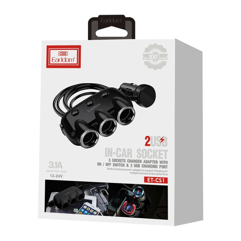 Earldom ET-CS1 Σετ Φόρτισης Αυτοκινήτου με 2xUSB-A & 3xSocket μαζί με Καλώδιο Ενσωματωμένο