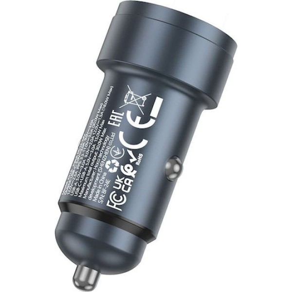 Hoco Z57A Αντάπτορας Αυτοκινήτου 30W/3A Ταχείας Φόρτισης με Θύρες: 1xUSB 1xType-C