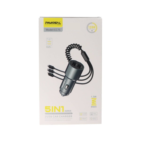 Pavareal CC75 Αντάπτορας Αυτοκινήτου 22.5W 2xUSB-A & Ενσωματωμένο καλώδιο USB-A σε USB-C, Micro, Lightning