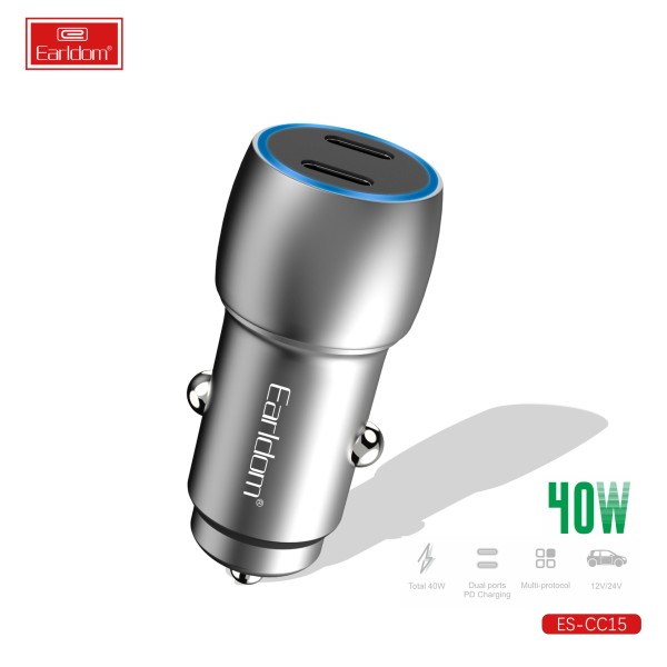 Earldom ES-CC15 Σετ Φόρτισης Αυτοκινήτου Με 2 Θύρες USB-C και Καλώδιο USB-C σε Lightning