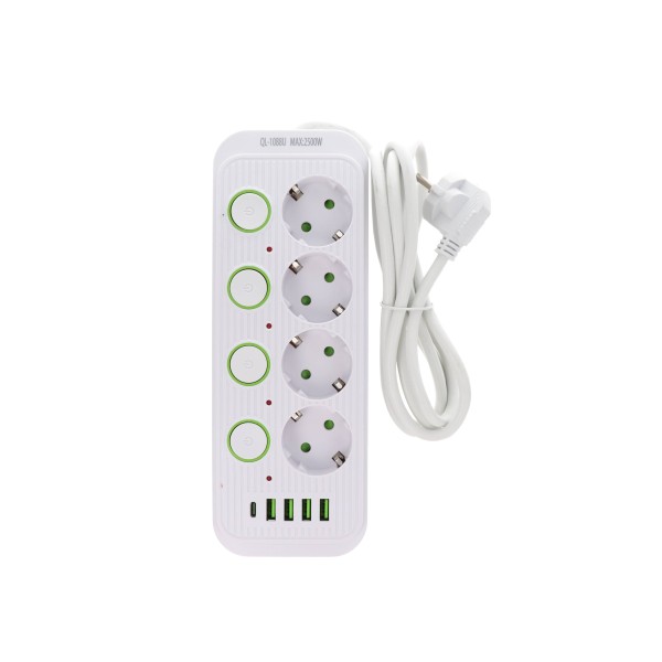 Power Socket QL - 1088U 2500W Πολύμπριζο 4 Θέσεων με 4 Θύρες USB-A και 1 Θύρα USB-C