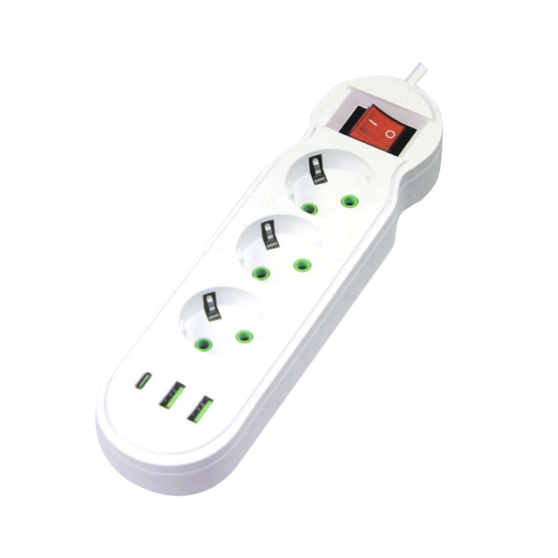 Πολύμπριζο QL-1052U 3 Θέσεων 2500W με 2 USB-A, 1 USB-C, Διακόπτη και Καλώδιο 3m