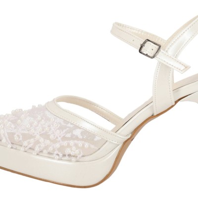 New Collection Νυφική Γόβα Slingback με Ψηλό Λεπτό Τακούνι και Floral Μοτίβο με Πέρλες
