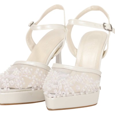 New Collection Νυφική Γόβα Slingback με Ψηλό Λεπτό Τακούνι και Floral Μοτίβο με Πέρλες