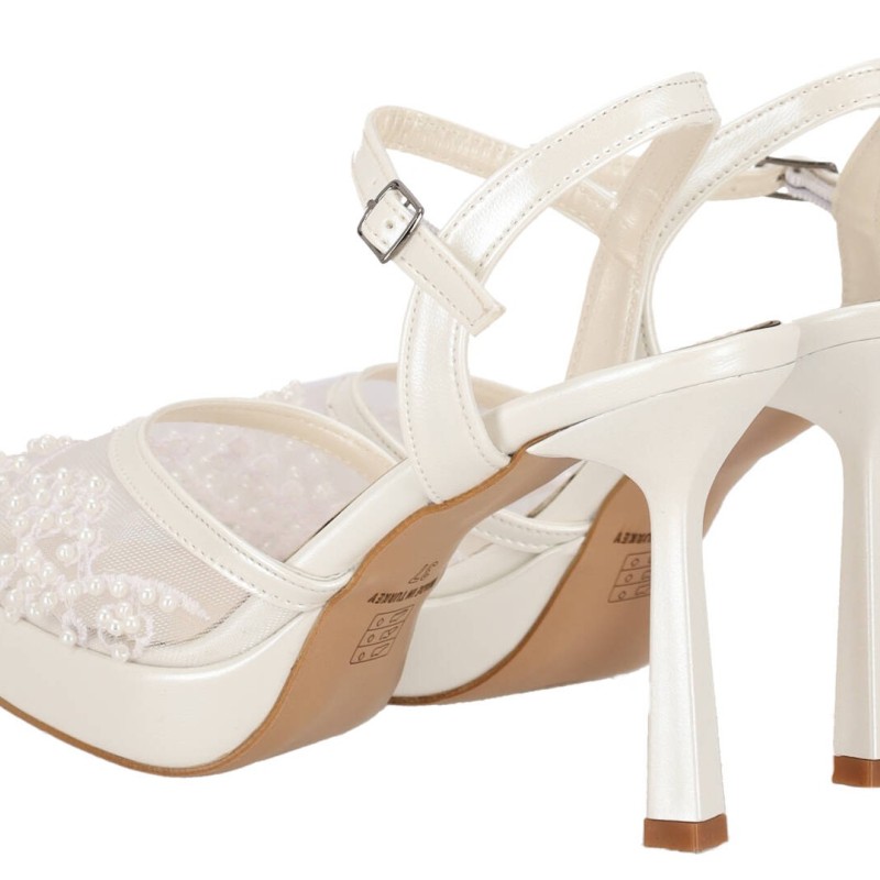 New Collection Νυφική Γόβα Slingback με Ψηλό Λεπτό Τακούνι και Floral Μοτίβο με Πέρλες