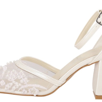 New Collection Νυφική Γόβα με Χοντρό Τακούνι και Λεπτομέρεια με Πέρλες