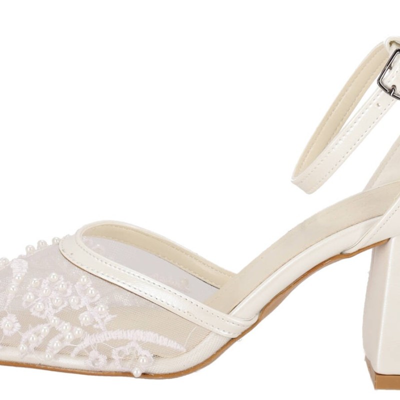 New Collection Νυφική Γόβα με Χοντρό Τακούνι και Λεπτομέρεια με Πέρλες