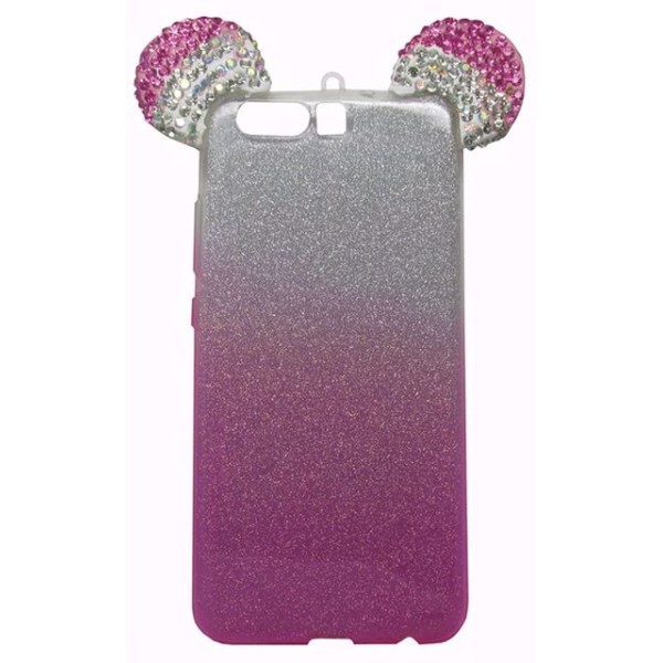 B.D.L Back Cover Θήκη Σιλικόνης Με Αυτάκια Στρας Και Πλάτη Γκλίτερ Ροζ (Huawei P10)